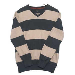 Twenty One Men Sz S/P V-Neck 100% Cotton Beige Gray Striped Sweater Academia